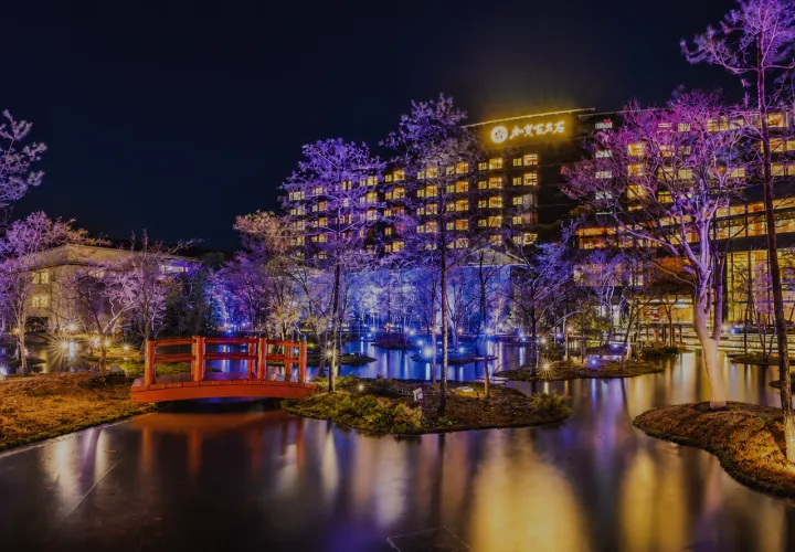 紫や青のライトアップに彩られた幻想的な夜の日本庭園と、客室の光が輝くホテル棟