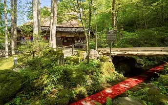 新緑に包まれた茅葺き屋根の古民家。手前を流れる小川には鮮やかな赤い布が飾られ、歴史ある村の静かな美しさを演出している風景。