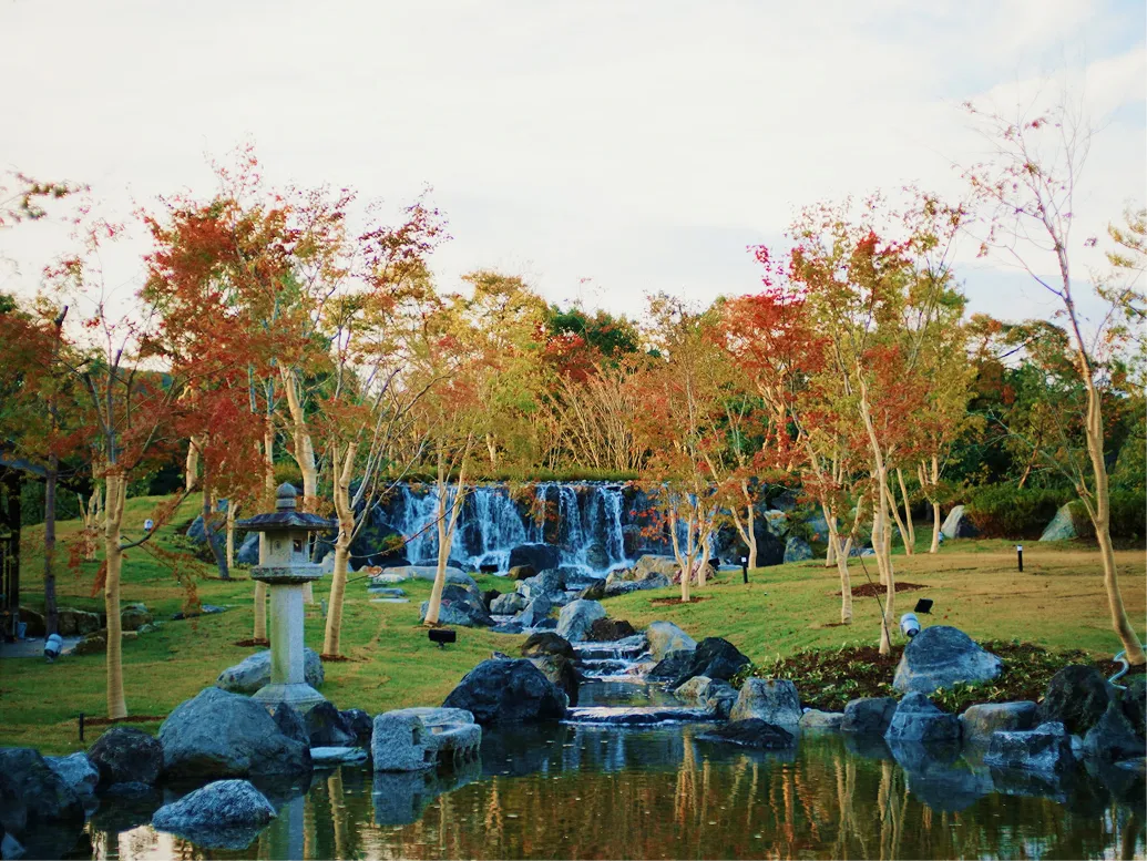 滝と池を配した日本庭園の昼の風景