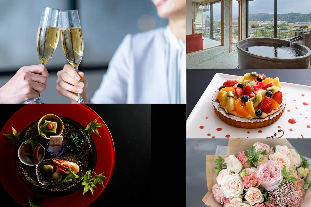 乾杯シーンや華やかな料理、花に囲まれた上質な滞在のひととき