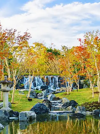 紅葉が始まった木々と岩肌を流れる趣のある庭園の滝